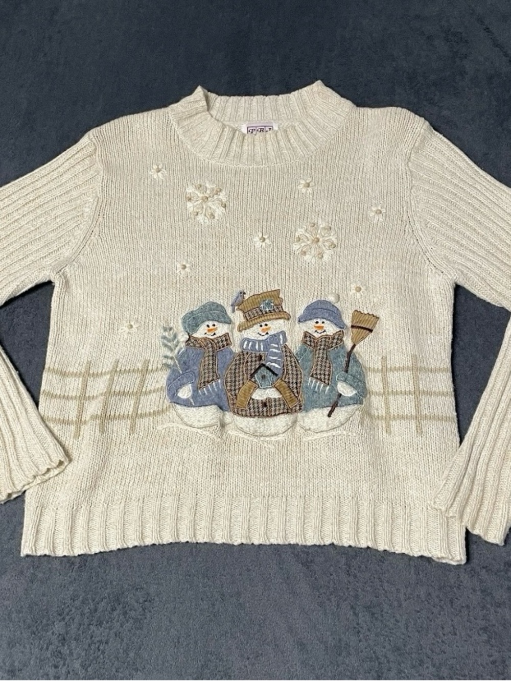 Vintage Snowman Granny Sweater Womens M Cream Mock Neck Christmas Embroidered